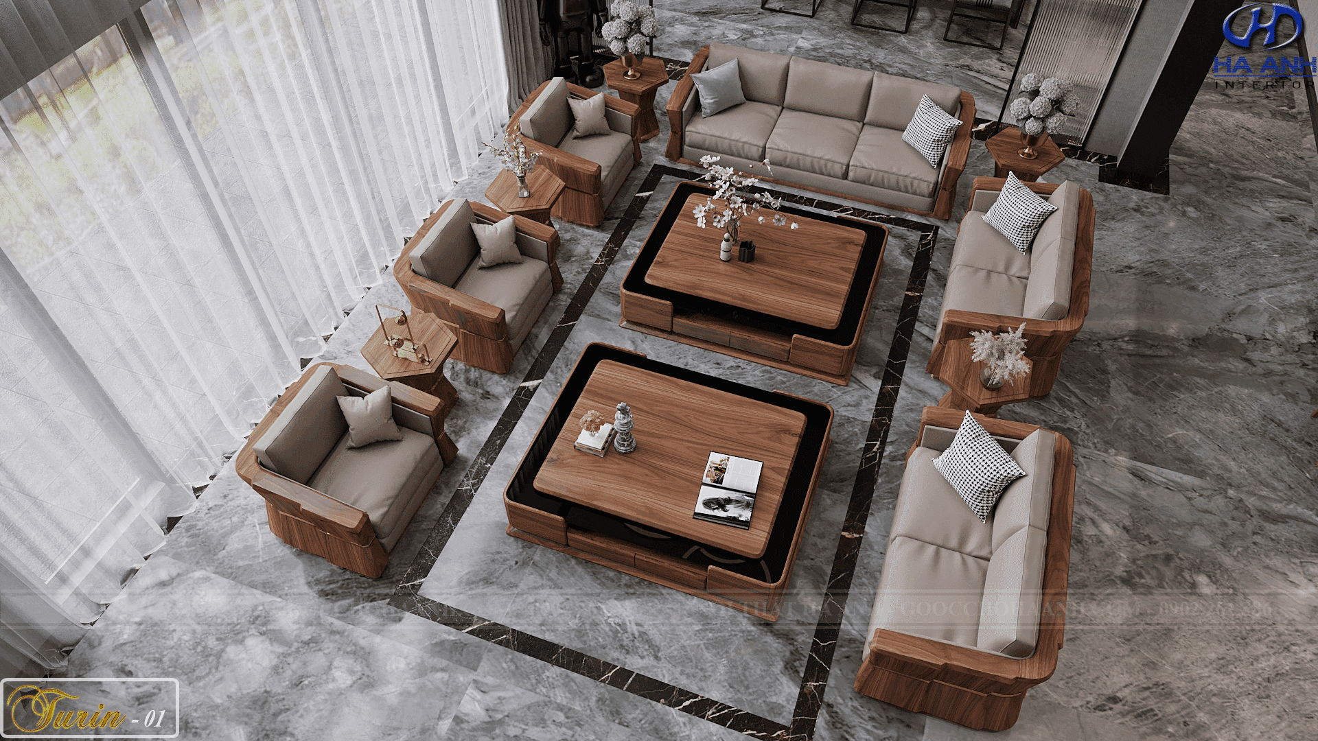 Sofa gỗ óc chó tự nhiên Turin 01 với thiết kế tinh tế