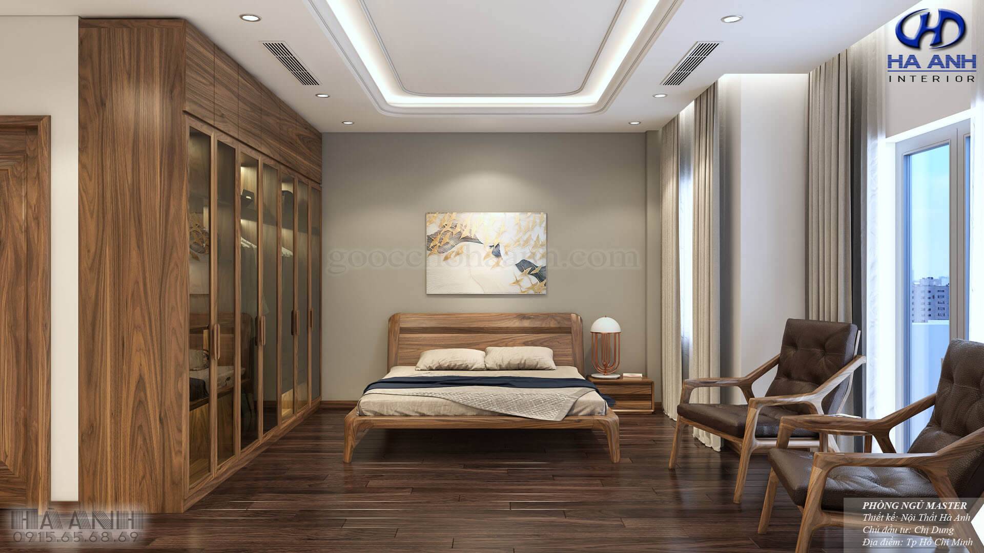 Thiết kế phòng ngủ gỗ óc chó theo phong cách đơn giản, nhẹ nhàng